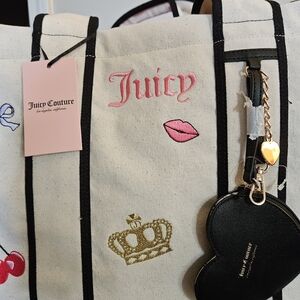 Juicy Couture Cream Canvas Tote Bag with Pink Embroidery